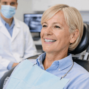 Patiente senior portant des gouttières transparentes au cabinet du Dr Bertrand Godet, orthodontiste à Lyon Croix-Rousse