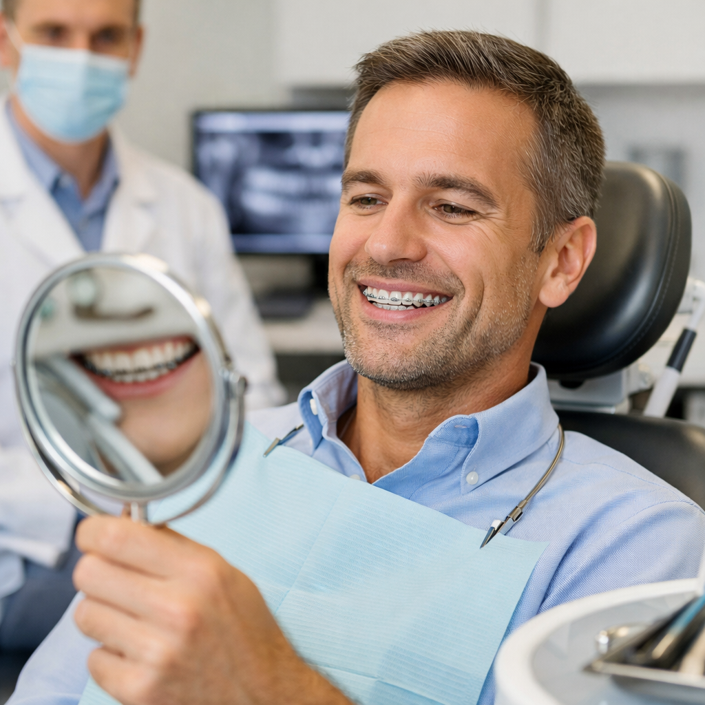 Adulte portant un appareil dentaire discret au cabinet du Dr Bertrand Godet, orthodontiste à Lyon Croix-Rousse