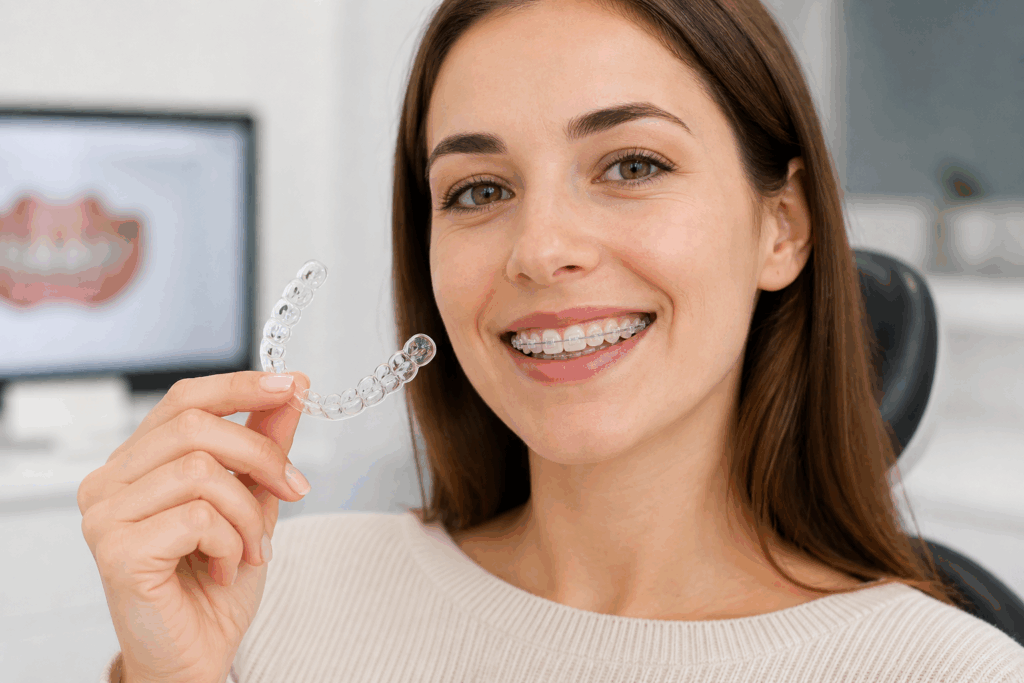 Adulte portant une gouttière transparente pour corriger l’alignement des dents dans le cadre d’un traitement d’orthodontie discrète à Lyon