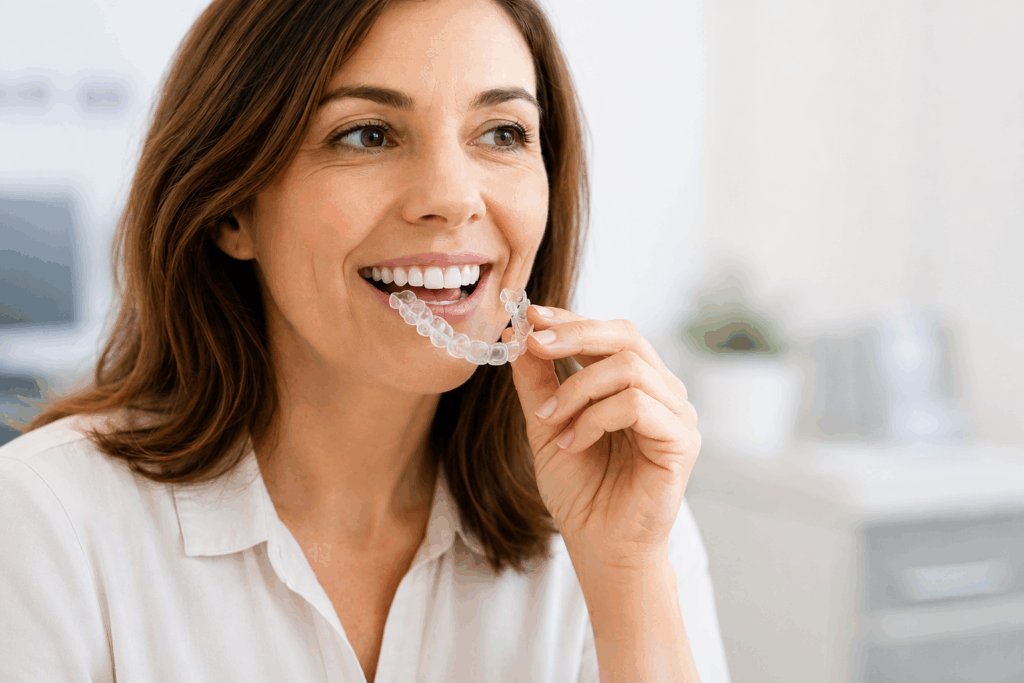 Femme adulte portant une gouttière Invisalign lors d'un traitement orthodontique adulte à Lyon