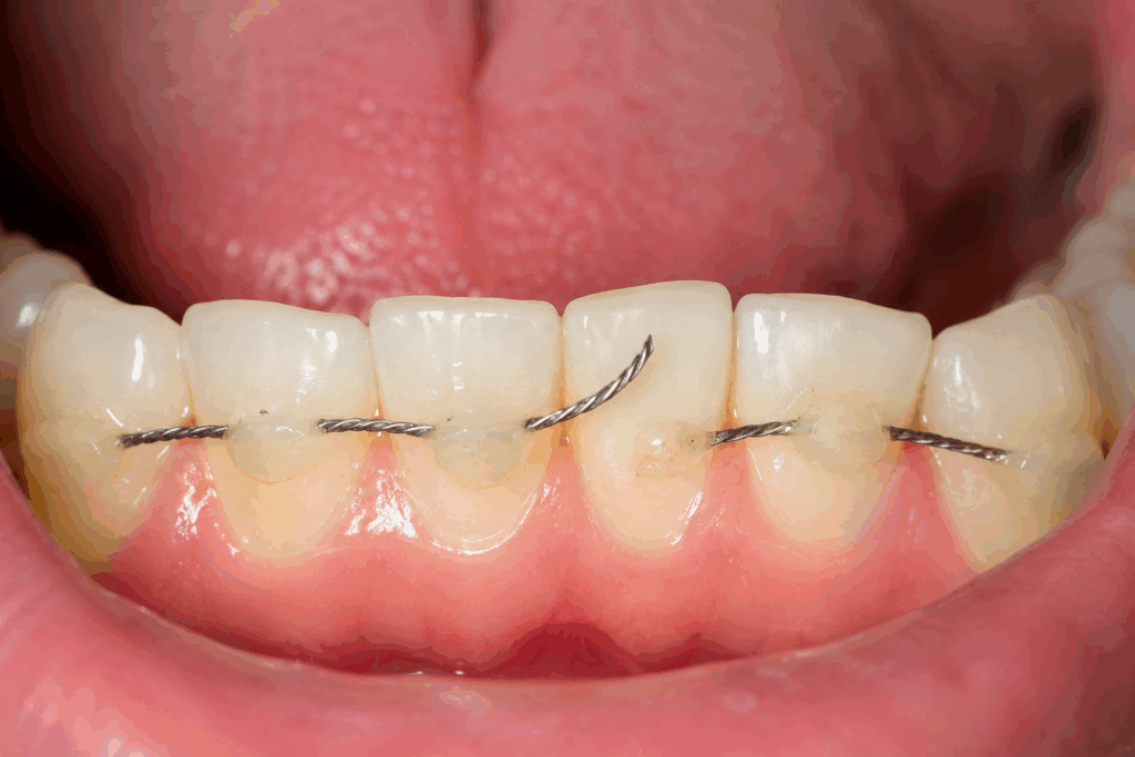 Fil de contention cassé derrière les dents nécessitant un contrôle orthodontique