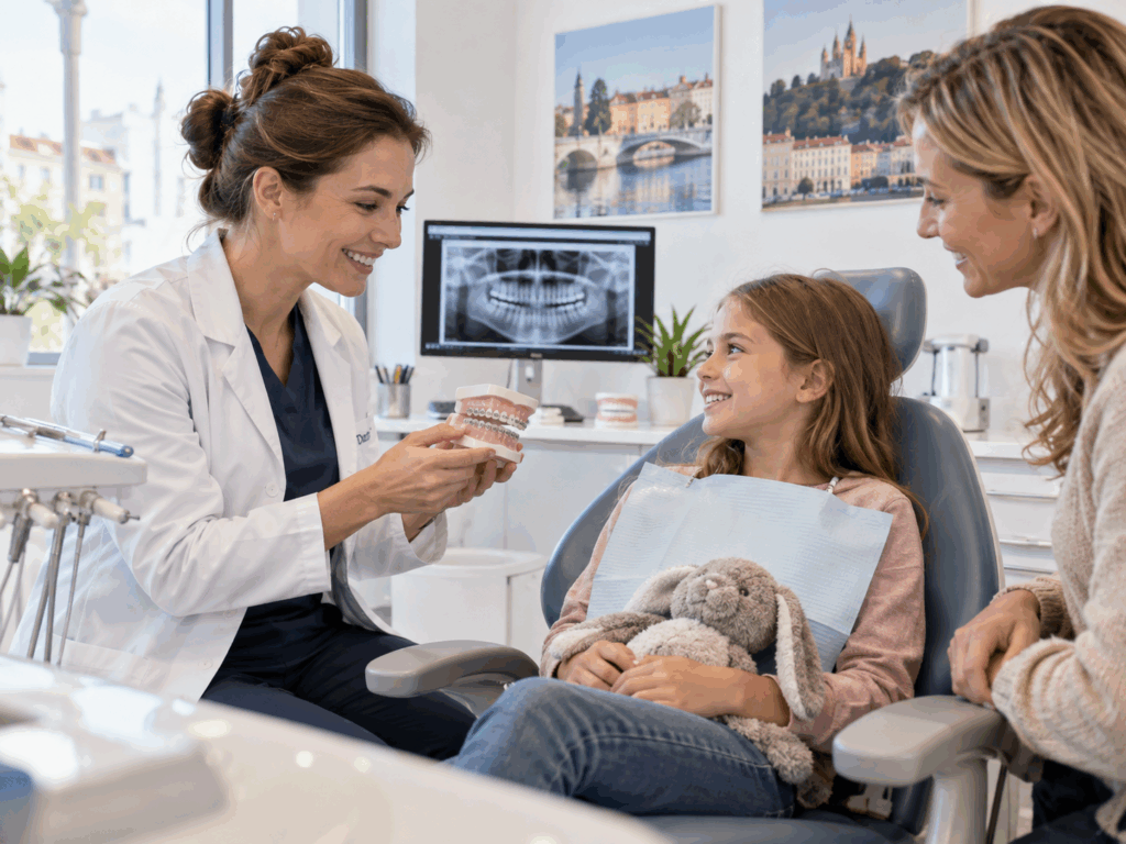 Orthodontiste avec une enfant lors d’une consultation à Lyon