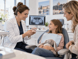 Orthodontiste avec une enfant lors d’une consultation à Lyon