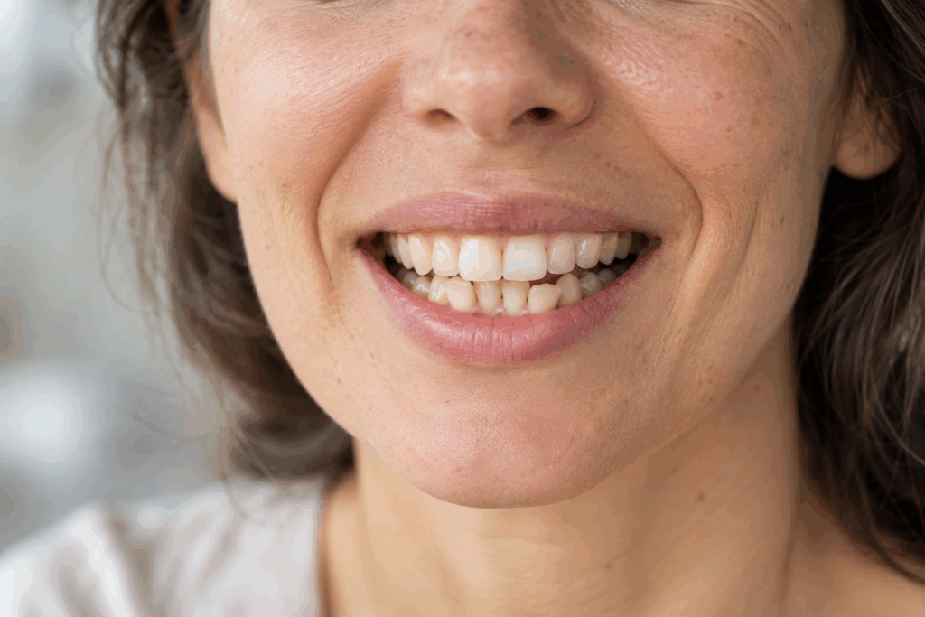Gros plan sur le sourire d’une femme adulte présentant un léger chevauchement des dents du bas.