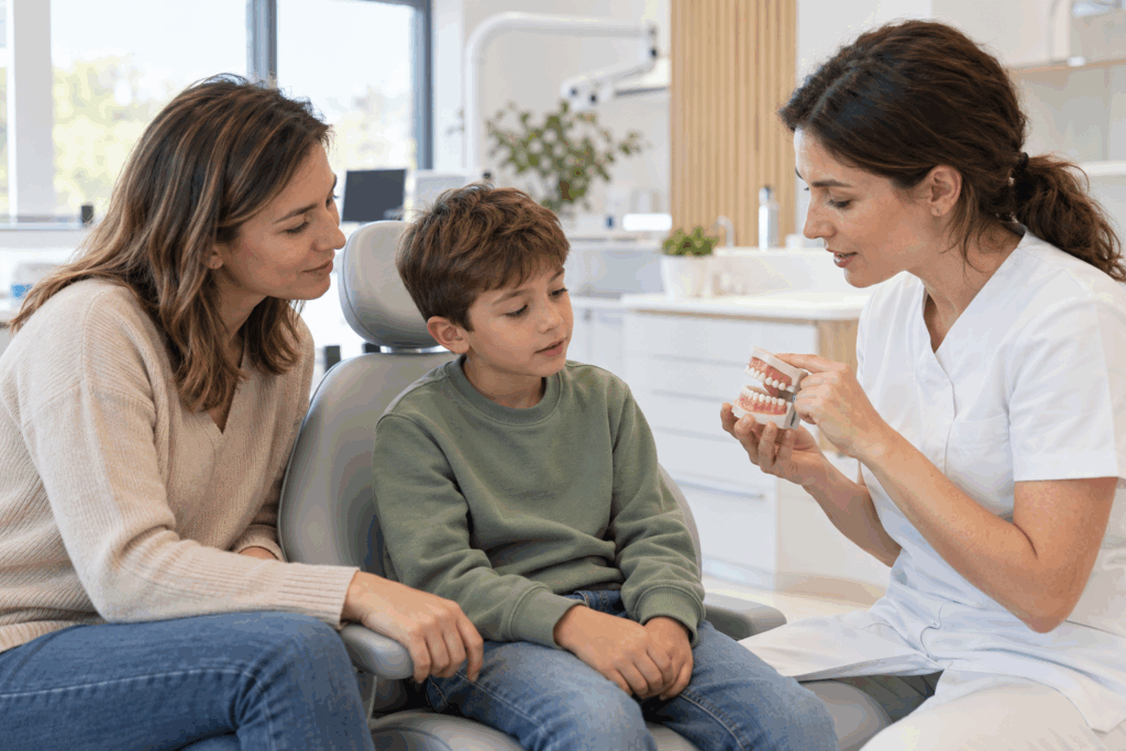 Une orthodontiste présente un modèle dentaire à un enfant accompagné de sa mère lors d’une consultation.